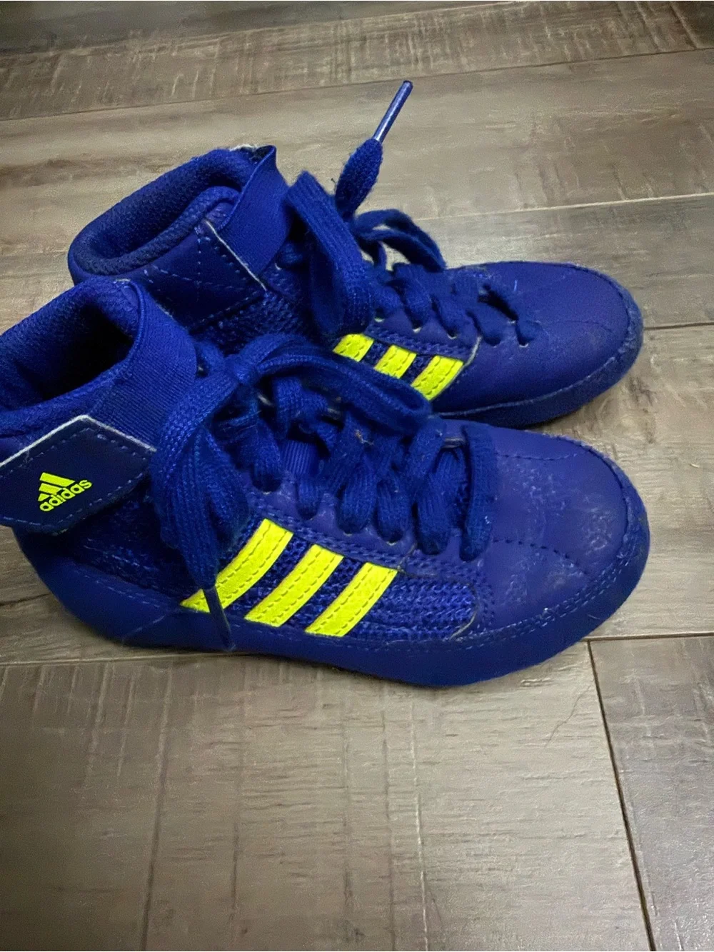 Adidas Youth Wrestling Royal Blue shoes with Neon Yellow Stripes